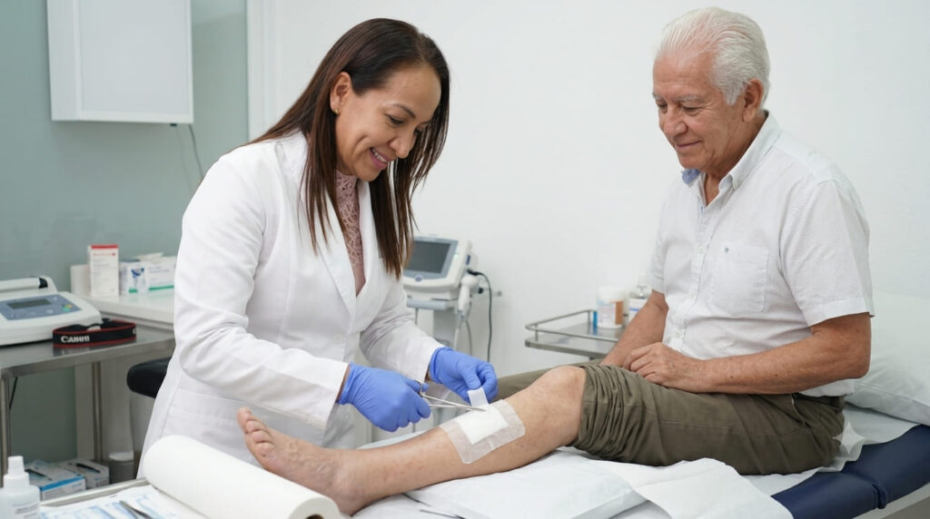 La Dra. Claudia Anaya realiza una curación en la pierna de un paciente en la clínica de heridas de CurArte, Guanajuato Capital