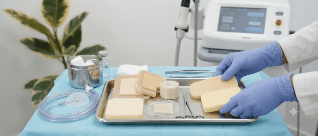 Charola con apósitos especiales e instrumental estéril preparados para una curación profesional de heridas